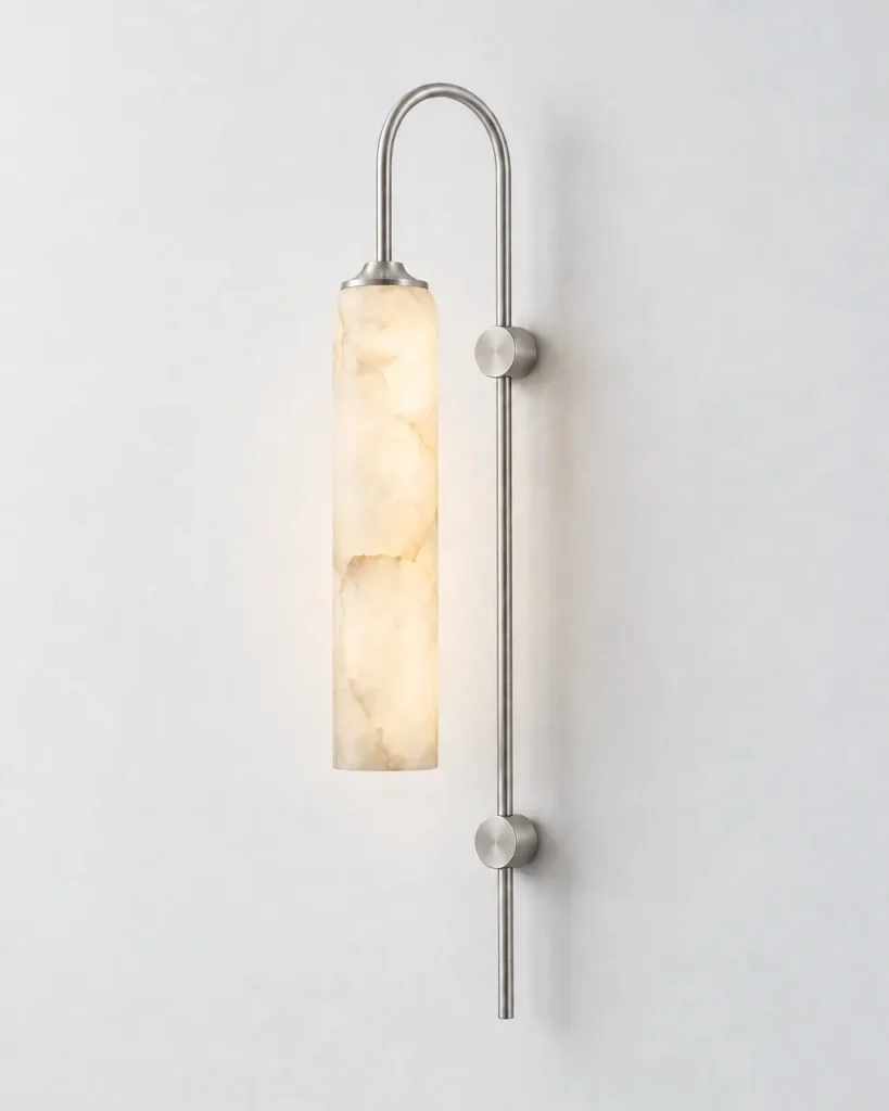 Wandlampe OLZO, Alabasterzylinder am Bogen aus Messing – Nickel, Produktfoto