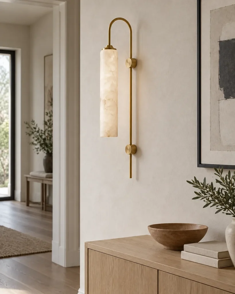 Wandlampe OLZO, Alabasterzylinder am Bogen aus Messing – im Flur über einem hellen Eichensideboard, Tageslicht