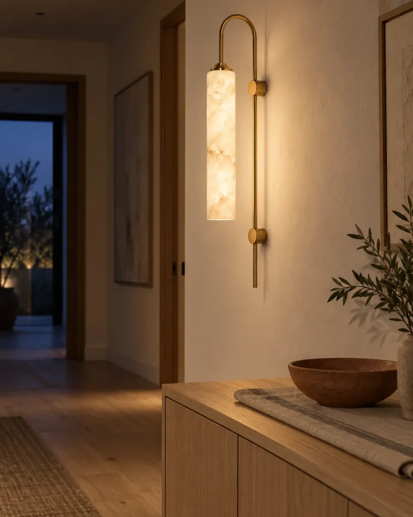 Wandlampe OLZO, Alabasterzylinder am Bogen aus Messing – im Flur über einem hellen Eichensideboard, Abendlicht