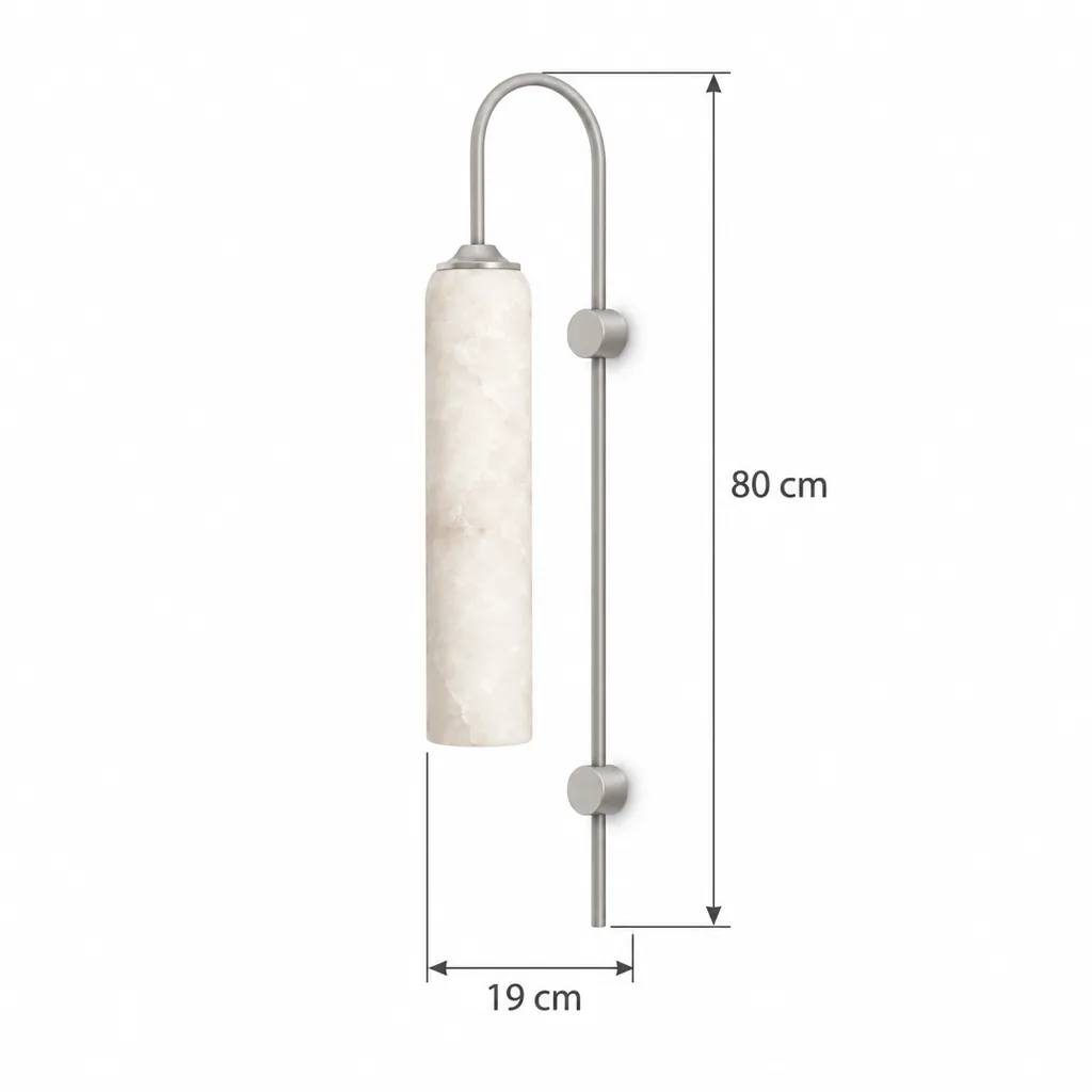Wandlampe OLZO, Alabasterzylinder am Bogen aus Messing – Masszeichnung Höhe 80 cm, Breite 19 cm