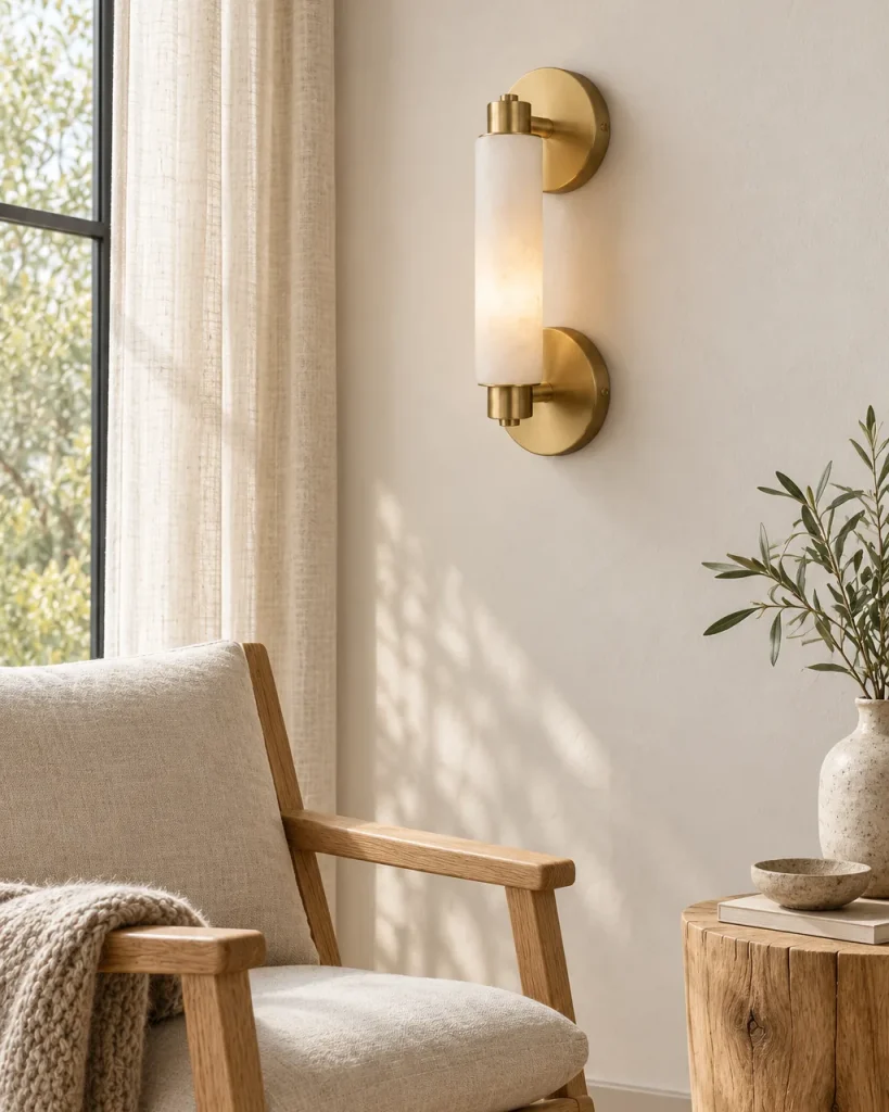 Wandlampe CAJI, Alabaster-Zylinder mit Wandrosetten – in der Leseecke neben einem Sessel, Tageslicht