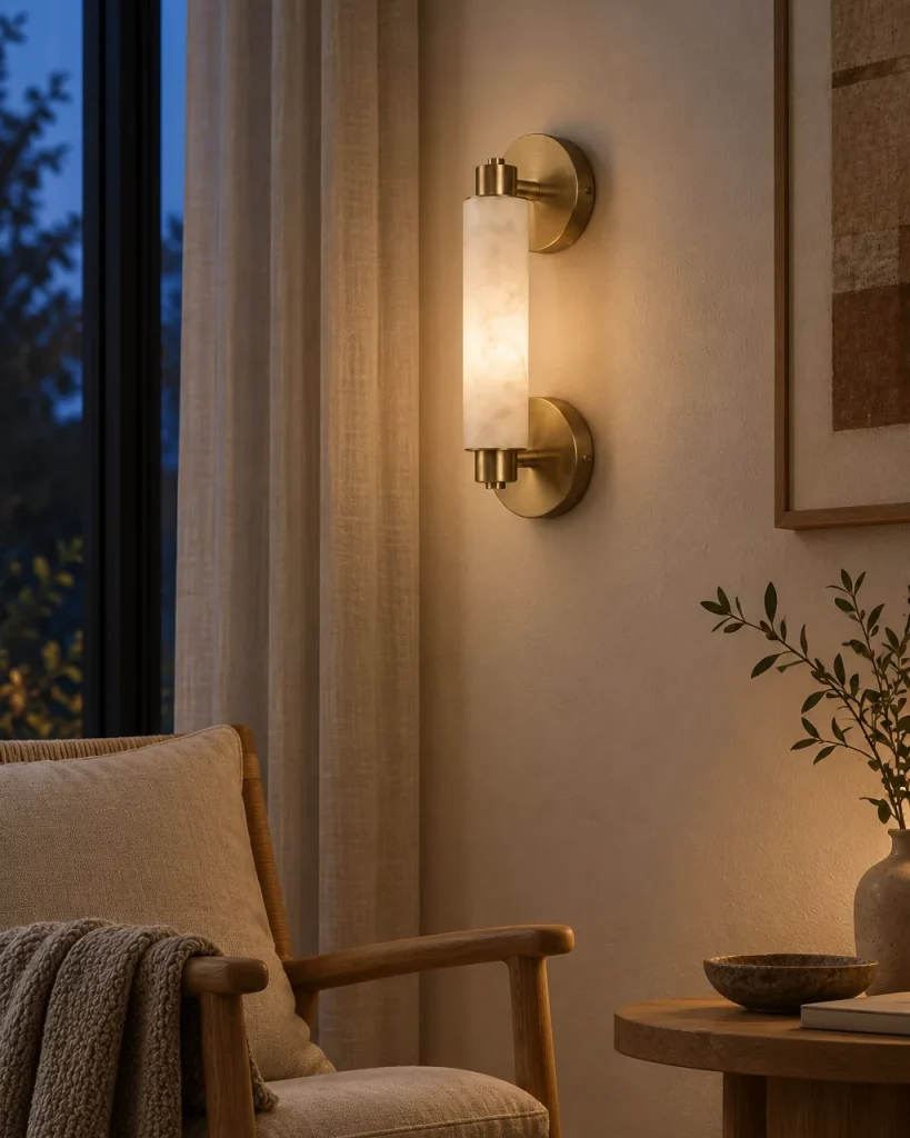 Wandlampe CAJI, Alabaster-Zylinder mit Wandrosetten – in der Leseecke neben einem Sessel, Abendlicht