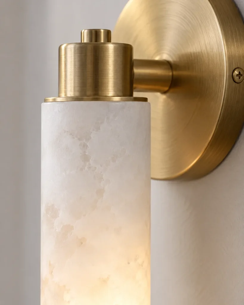 Wandlampe CAJI, Alabaster-Zylinder mit Wandrosetten – Detailansicht von Alabasterzylinder, Kappe und Wandrosette