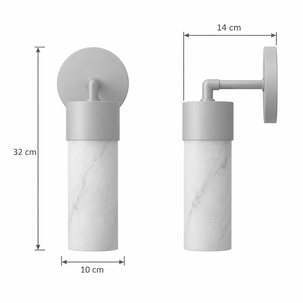 Applique DENCI, cilindro di alabastro su braccio corto – disegno tecnico con misure 32 × 10 × 14 cm