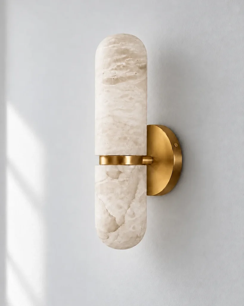 Wandlampe BASCA, Alabaster-Zylinder mit Messingring – Alabaster mit Messing, Produktfoto