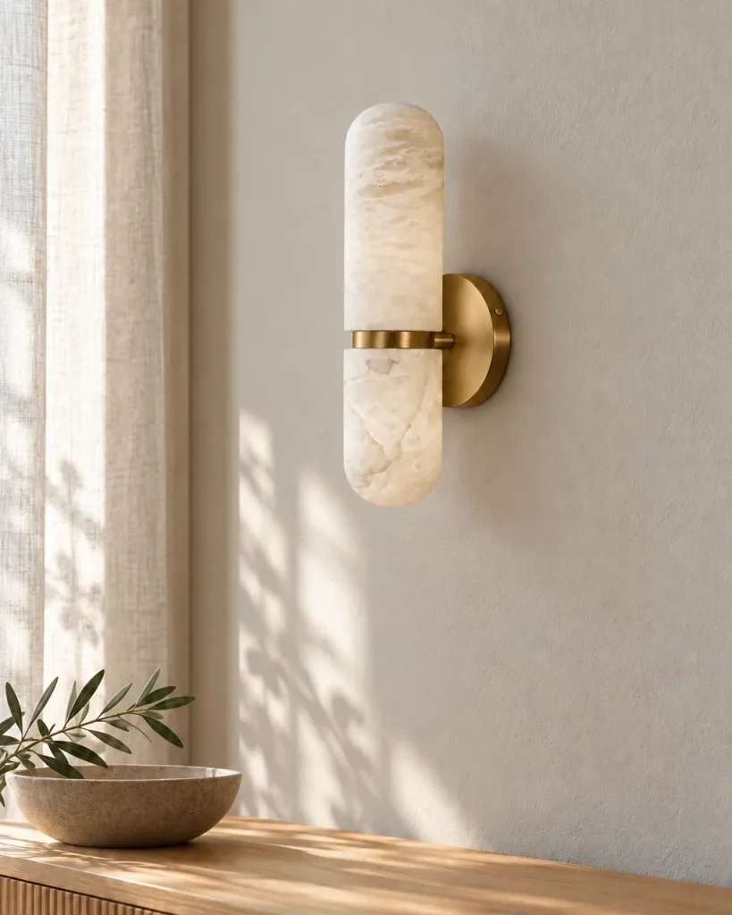 Wandlampe BASCA, Alabaster-Zylinder mit Messingring – über einem Holzsideboard, Tageslicht