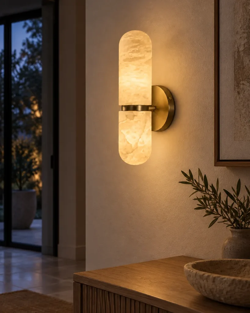 Wandlampe BASCA, Alabaster-Zylinder mit Messingring – im Eingangsbereich über einem Holzsideboard, Abendlicht