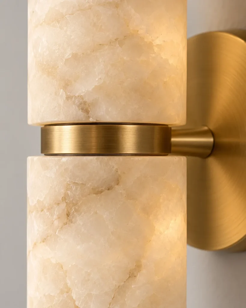 Wandlampe BASCA, Alabaster-Zylinder mit Messingring – Detailansicht der Alabasteradern und des Messingrings