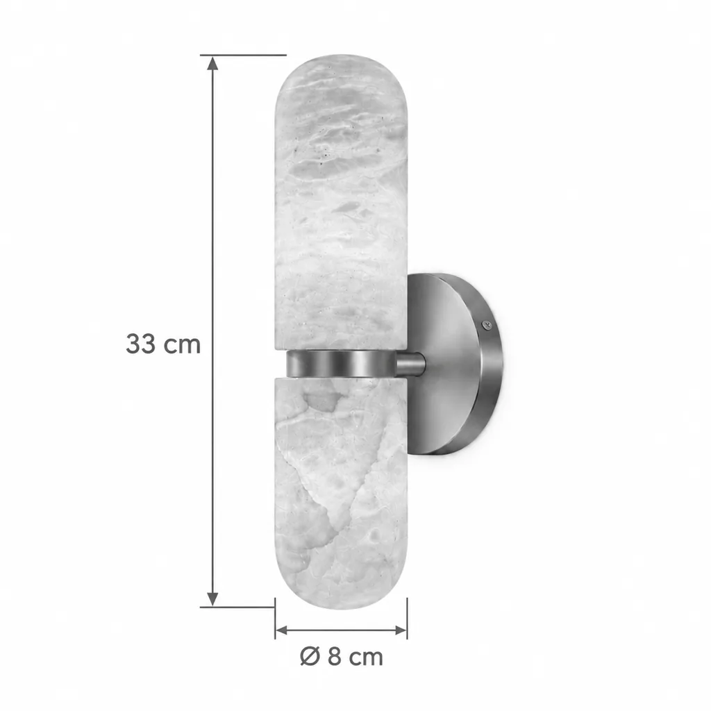 Wandlampe BASCA, Alabaster-Zylinder mit Messingring – Masszeichnung 33 cm hoch, Ø 8 cm