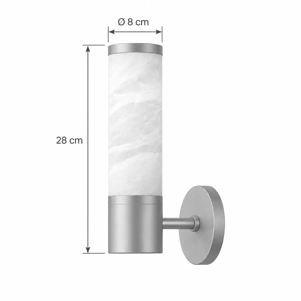 Applique MORTA, cilindro di alabastro con anello in ottone – disegno tecnico con misure altezza 28 cm, Ø 8 cm