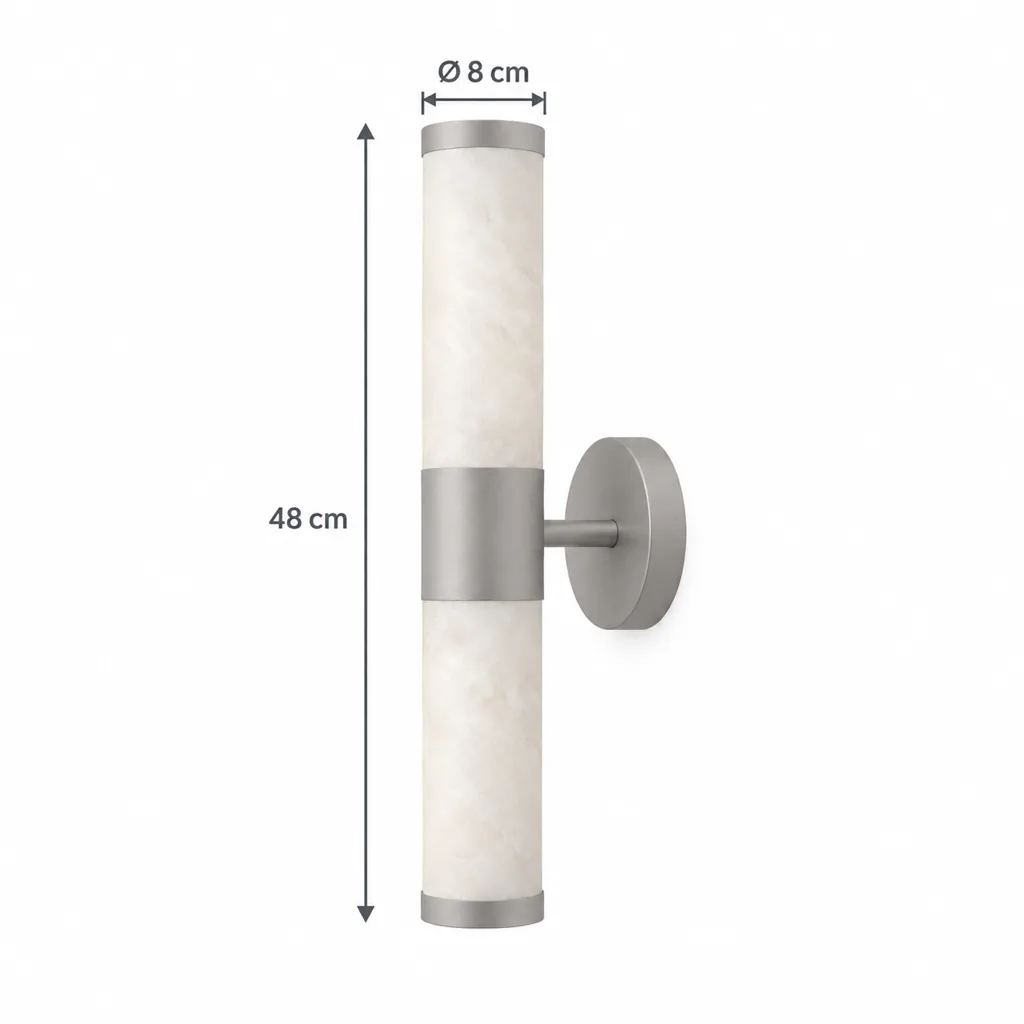 Applique MORTA, cilindro di alabastro con anello in ottone – disegno tecnico con misure altezza 48 cm, Ø 8 cm