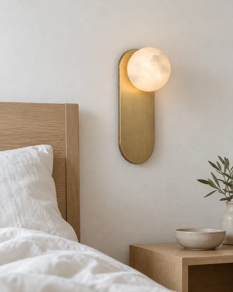 Wandlampe ALNE, Alabasterkugel auf ovaler Wandplatte – im Schlafzimmer neben dem Bett, Tageslicht