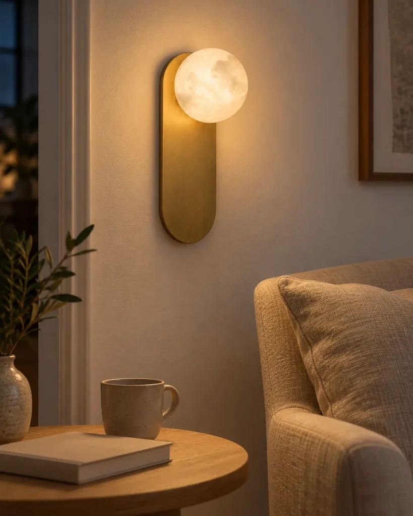 Wandlampe ALNE, Alabasterkugel auf ovaler Wandplatte – im Wohnzimmer neben einem Sessel, Abendlicht