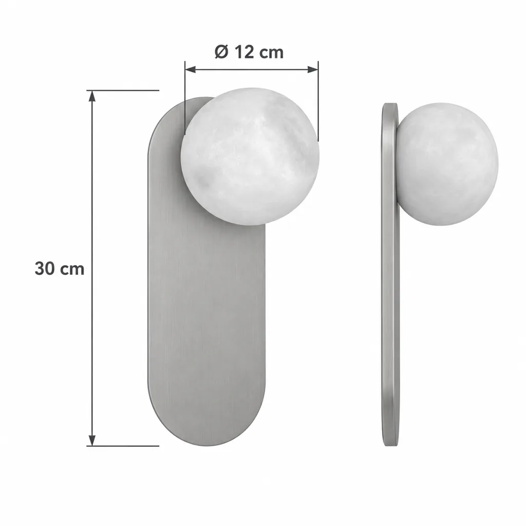 Wandlampe ALNE, Alabasterkugel auf ovaler Wandplatte – Masszeichnung 30 cm, Kugel Ø 12 cm