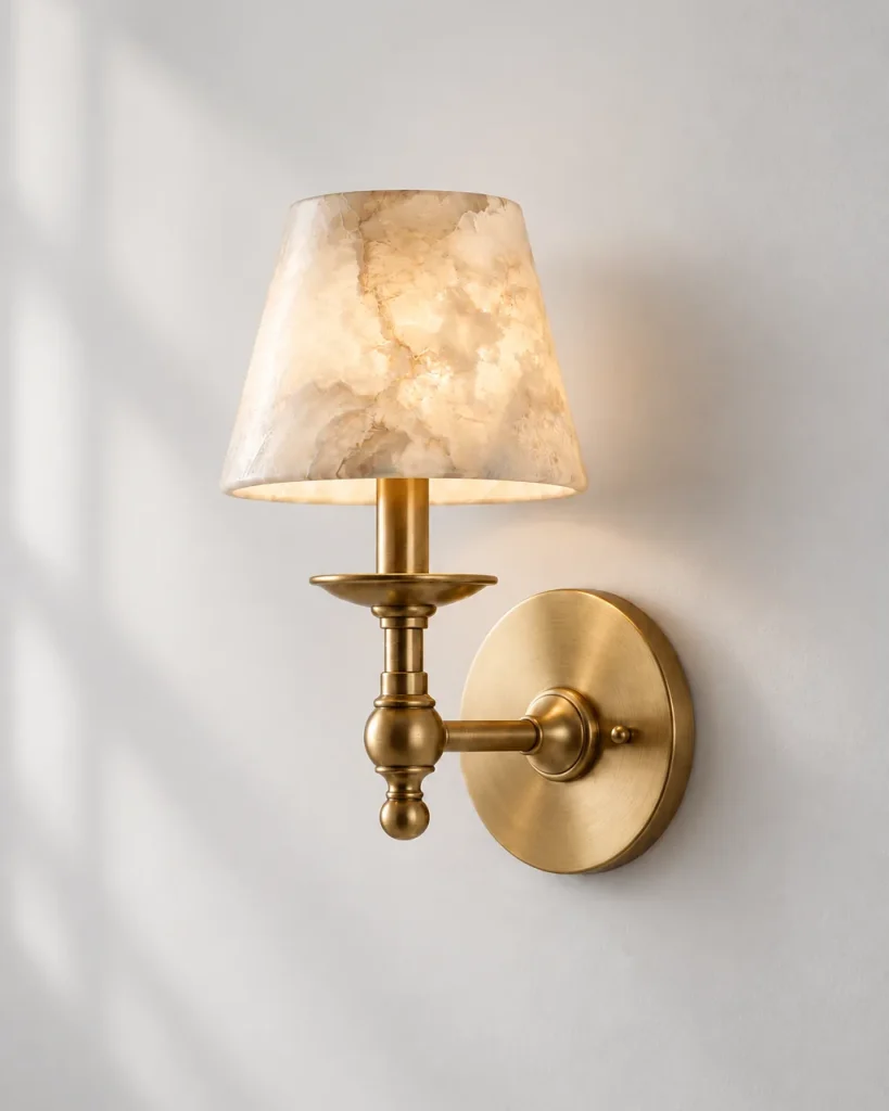 Wandlampe ARNO, klassischer Arm mit Alabasterschirm – Messing, Produktfoto
