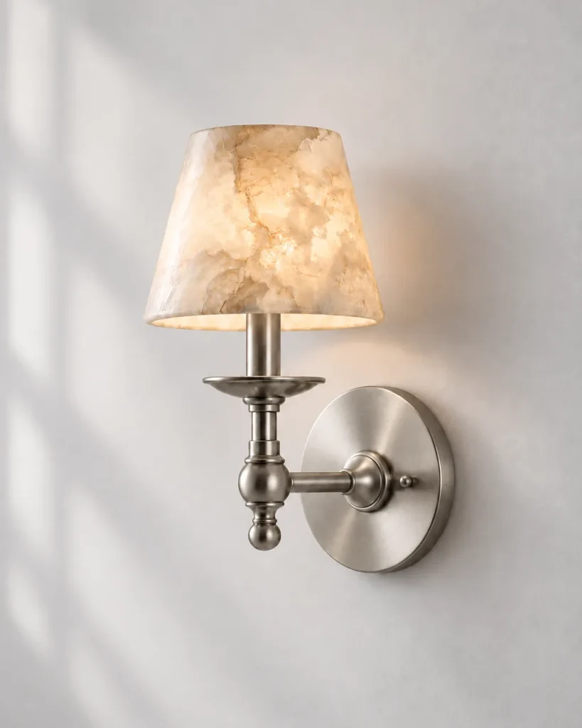 Wandlampe ARNO, klassischer Arm mit Alabasterschirm – Nickel, Produktfoto
