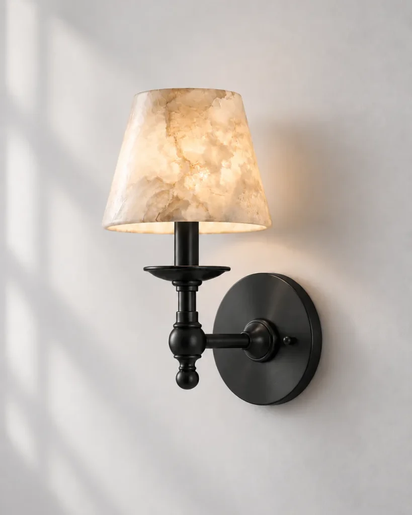 Wandlampe ARNO, klassischer Arm mit Alabasterschirm – Schwarz, Produktfoto