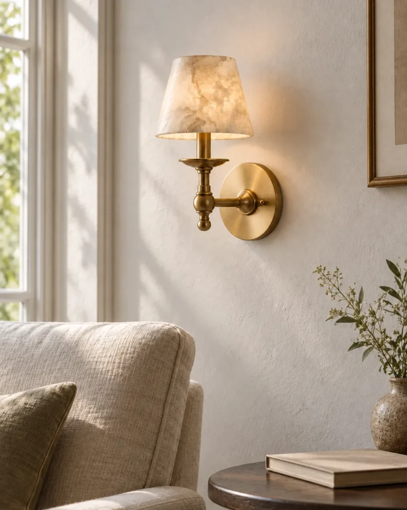 Wandlampe ARNO, klassischer Arm mit Alabasterschirm – im Wohnzimmer neben einem Sessel, Tageslicht