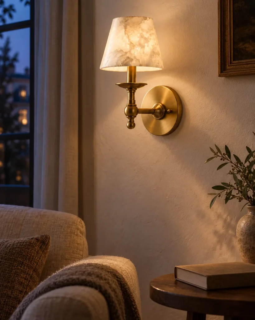 Wandlampe ARNO, klassischer Arm mit Alabasterschirm – im Wohnzimmer neben einem Sessel, Abendlicht
