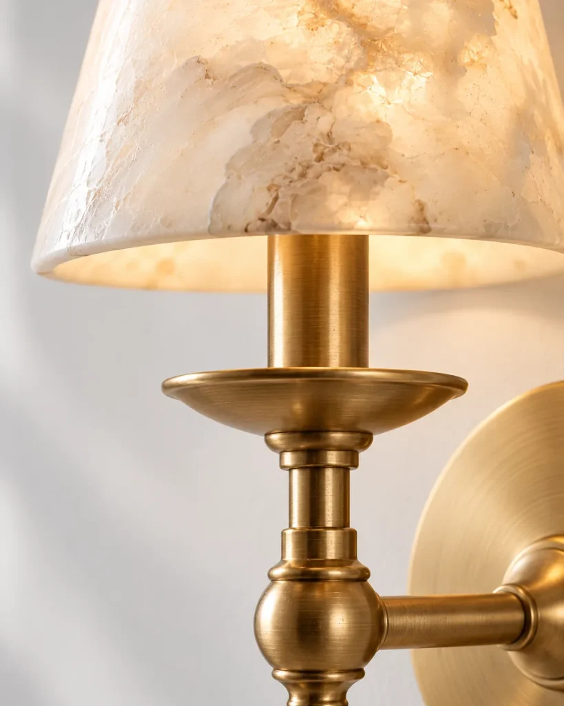 Wandlampe ARNO, klassischer Arm mit Alabasterschirm – Detailansicht des Alabasterschirms und der Messingtülle