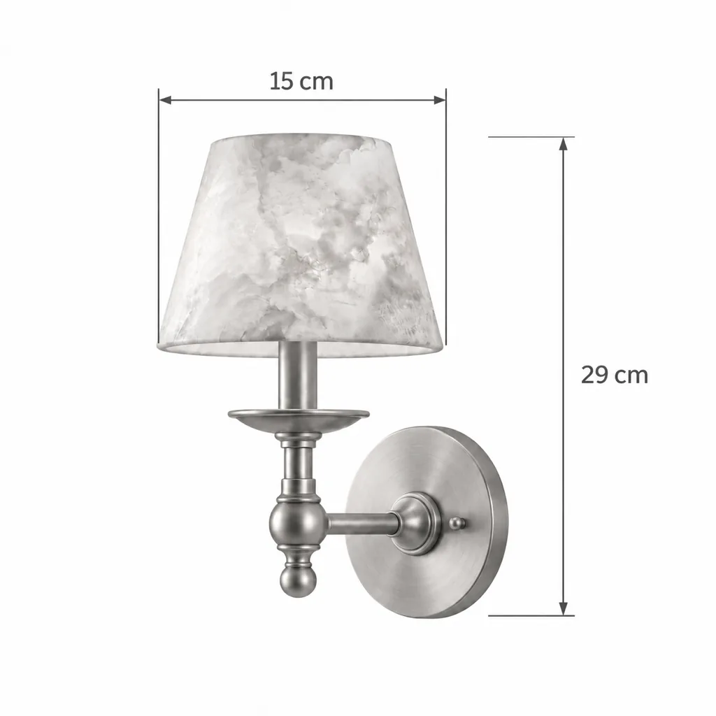 Wandlampe ARNO, klassischer Arm mit Alabasterschirm – Masszeichnung 29 × 15 cm