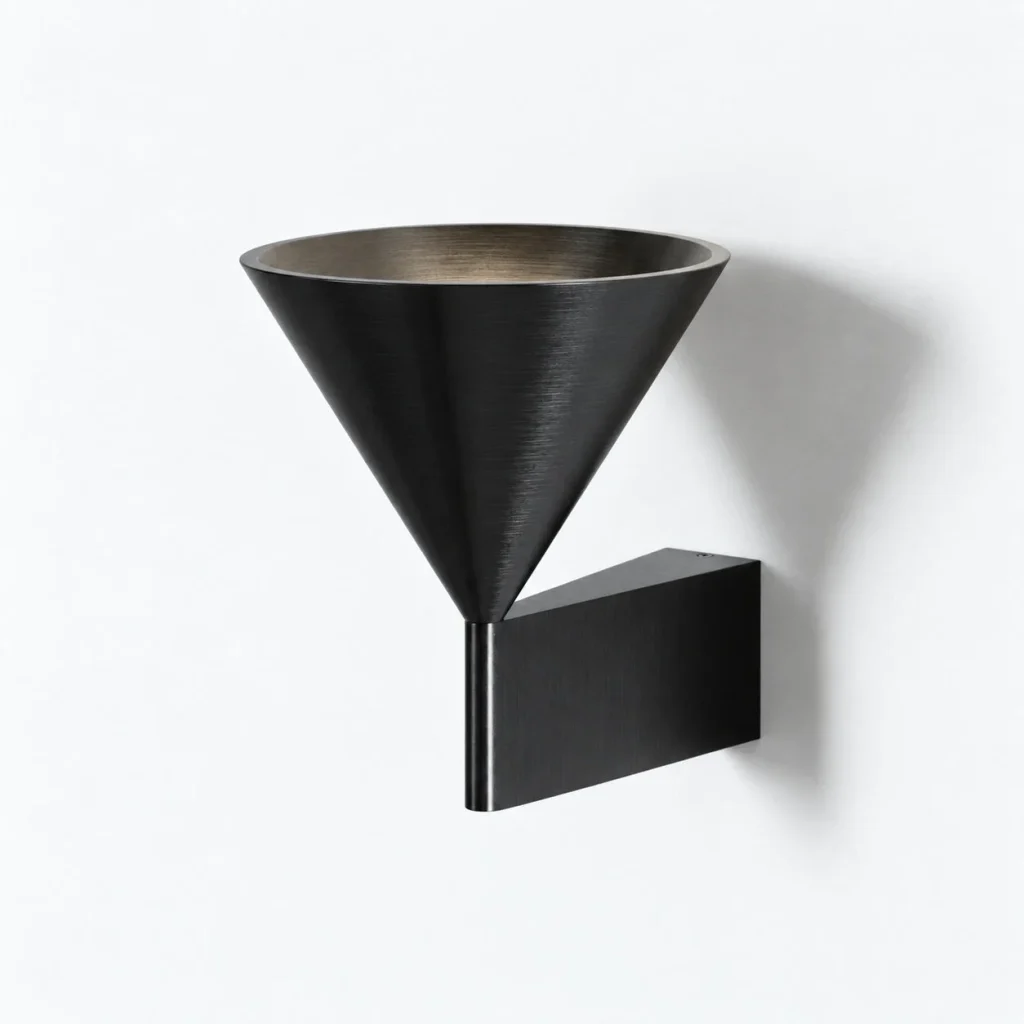Wandlampe KROMA, gebürstetes Aluminium mit Kegelschirm – Schwarz, Produktfoto