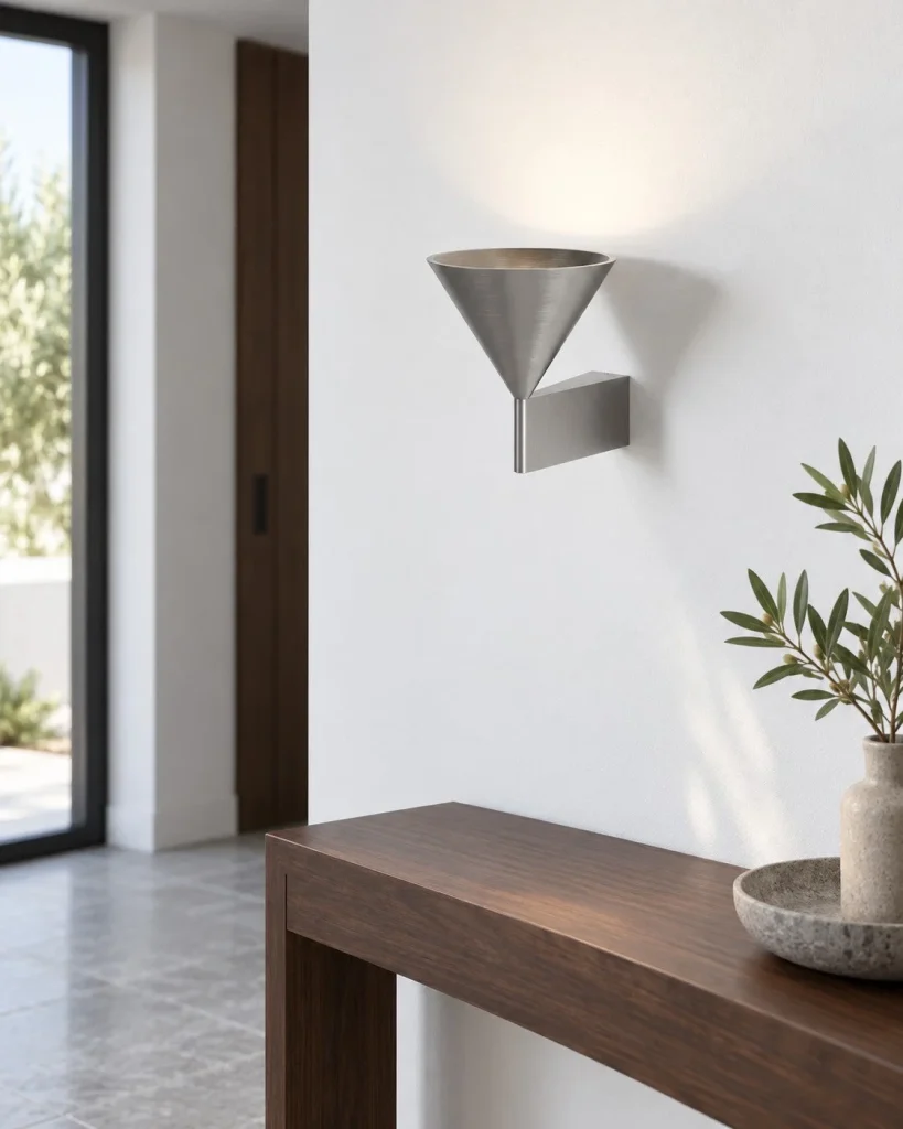 Wandlampe KROMA, gebürstetes Aluminium mit Kegelschirm – Aluminium im Wohnraum