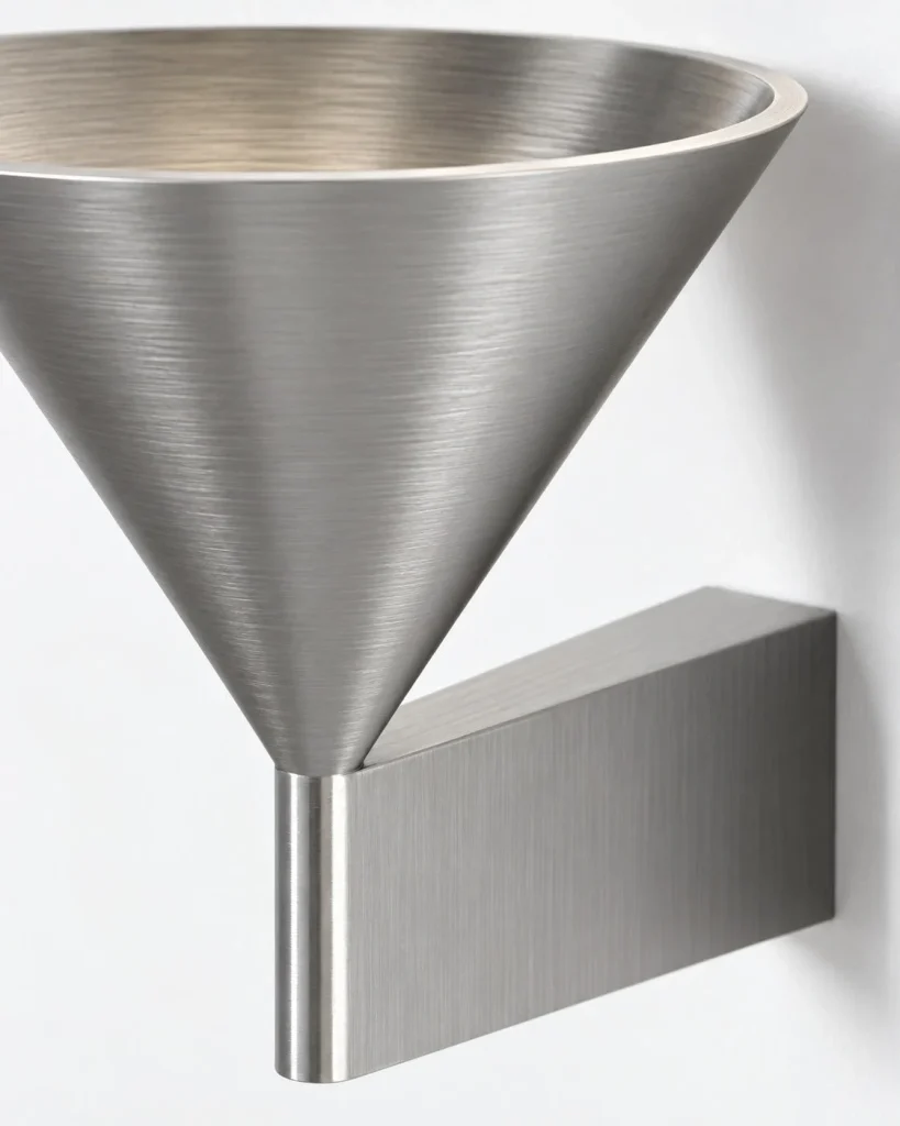 Wandlampe KROMA, gebürstetes Aluminium mit Kegelschirm – Detailansicht, Aluminium