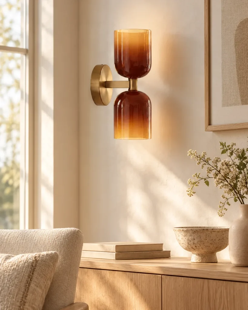 Wandlampe GALO, Up & Down mit Bernsteinglas und Gold – im Wohnzimmer über einem Holzsideboard neben einem Sessel, Tageslicht