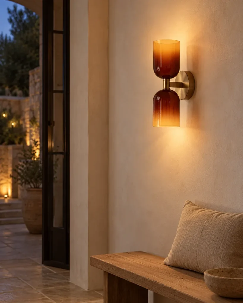 Wandlampe GALO, Up & Down mit Bernsteinglas und Gold – im Eingangsbereich über einer Holzbank, Abendlicht