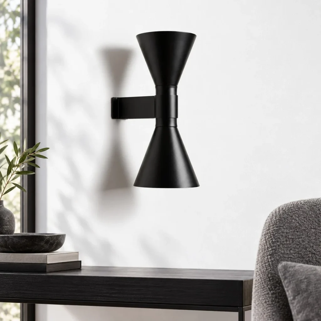 Wandlampe RIVO, Doppelkegel aus Metall und Aluminium – Wohnambiente bei Tageslicht