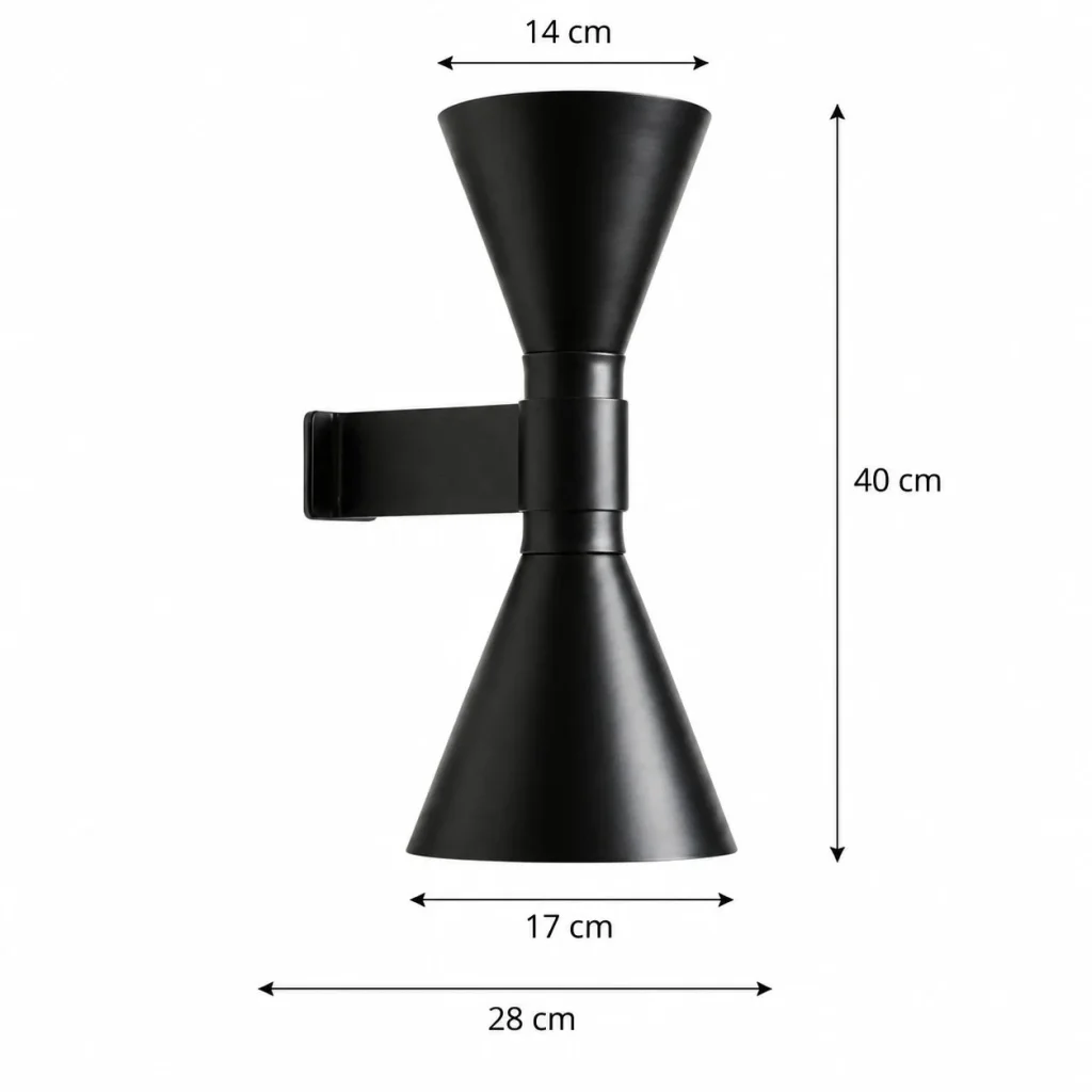Wandlampe RIVO, Doppelkegel aus Metall und Aluminium – Masszeichnung 14, 17, 28 und 40 cm