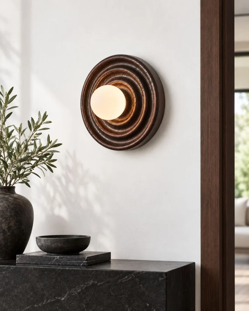 Wandlampe aus Eschenholz und Glas KYLA – Dunkles Holz im Wohnraum