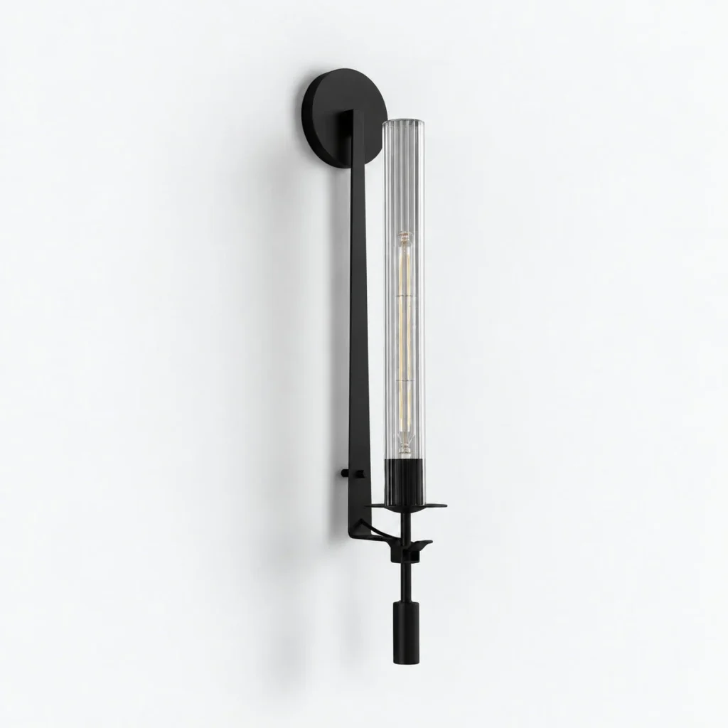 Wandlampe WILIO, Fackelform mit geriffeltem Glas – Schwarz, Produktfoto