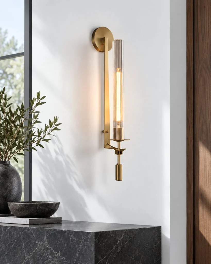 Wandlampe WILIO, Fackelform mit geriffeltem Glas – Goldfarben im Wohnraum