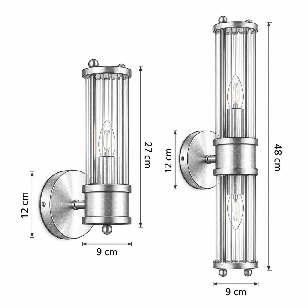 Wandlampe JOVID, geriffeltes Glas in einfacher oder doppelter Form – Masszeichnung mit den verfügbaren Abmessungen