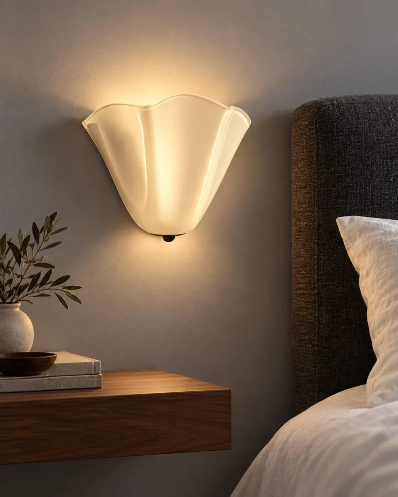 Wandlampe VITI, Glasleuchte mit geschwungener Blütenform – Elfenbein in abendlicher Wohnatmosphäre