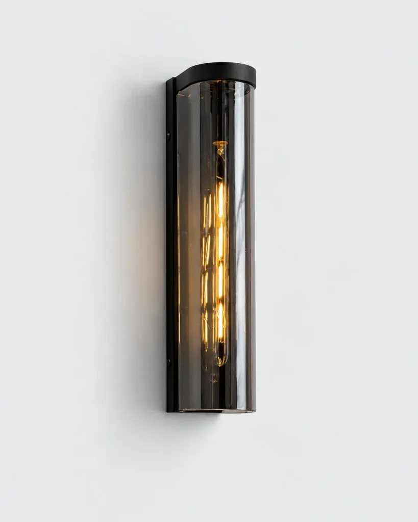 Wandlampe VENOR, Glas-Wandleuchte mit Halbzylinder, E14 – Monolith, Rauchglas / Schwarz, Produktfoto