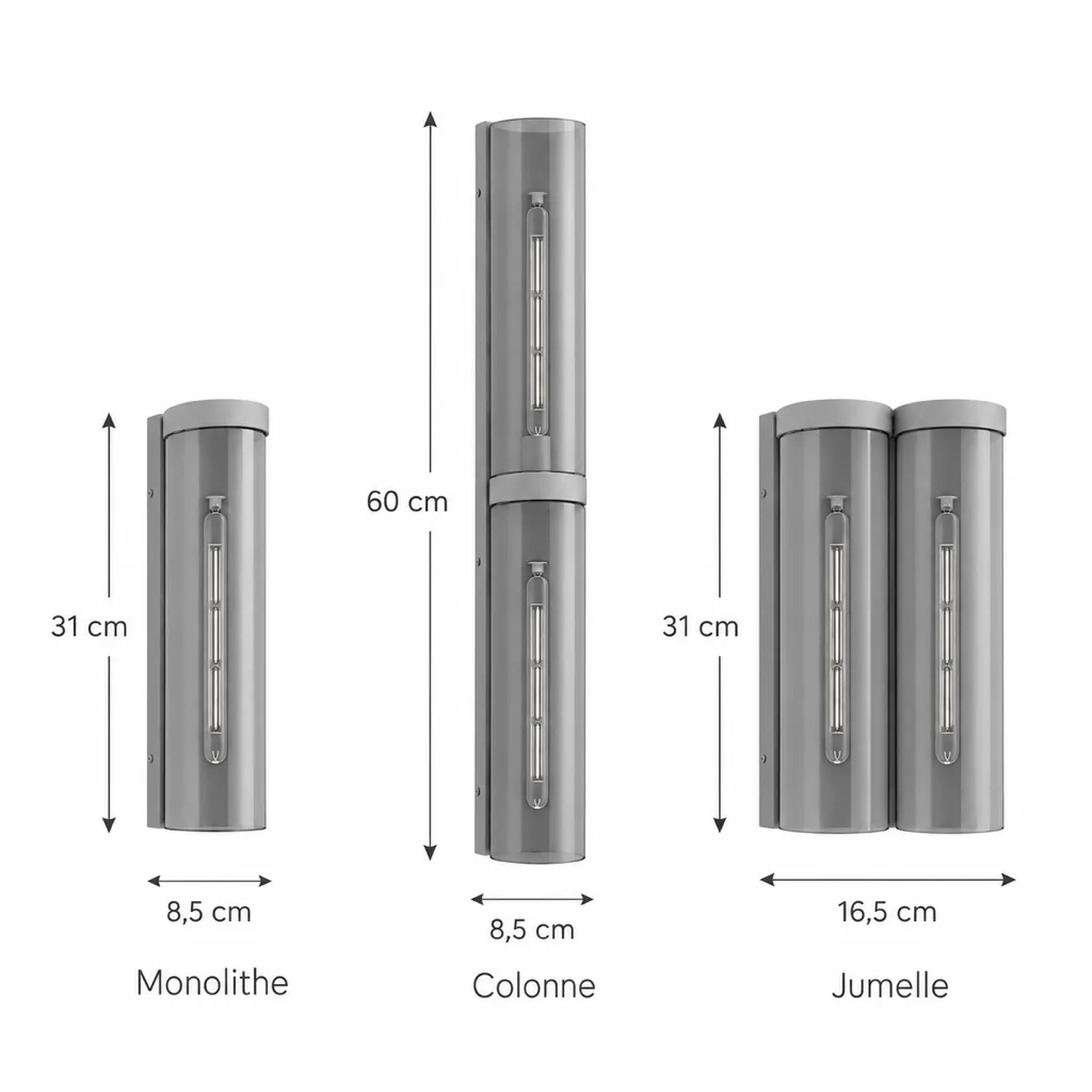Wandlampe VENOR, Glas-Wandleuchte mit Halbzylinder, E14 – Masszeichnung Monolith 31 cm, Säule 60 cm, Zwilling 16,5 cm breit