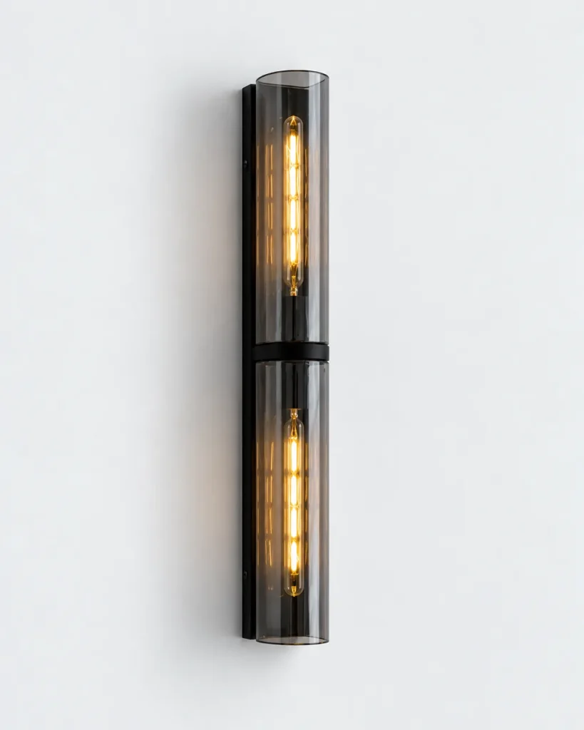 Wandlampe VENOR, Glas-Wandleuchte mit Halbzylinder, E14 – Säule, Rauchglas / Schwarz, Produktfoto