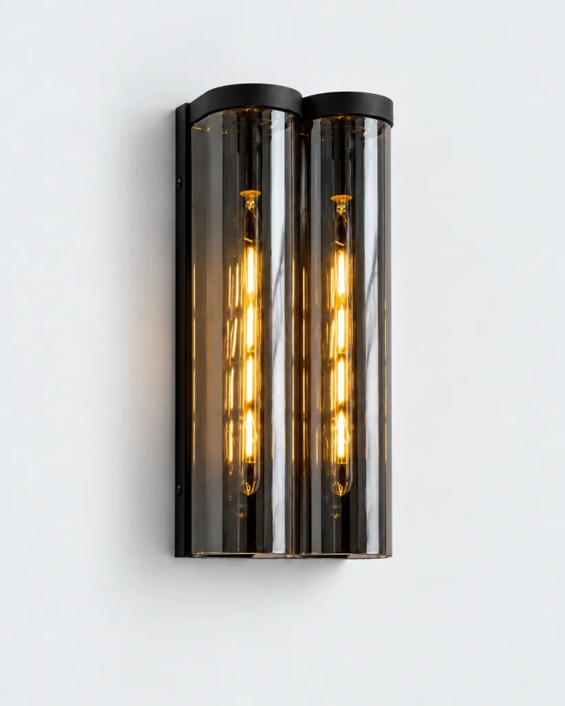 Wandlampe VENOR, Glas-Wandleuchte mit Halbzylinder, E14 – Zwilling, Rauchglas / Schwarz, Produktfoto