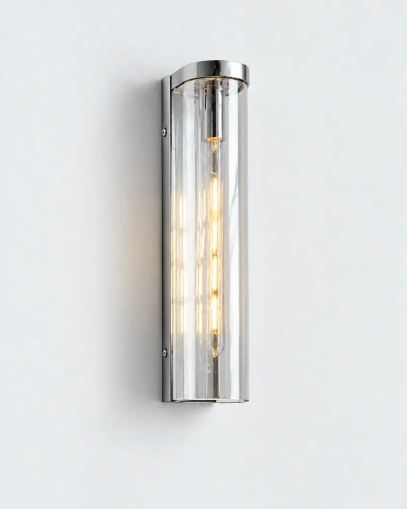 Wandlampe VENOR, Glas-Wandleuchte mit Halbzylinder, E14 – Klarglas / Chrom, Produktfoto