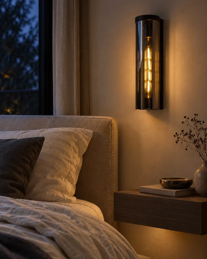 Wandlampe VENOR, Glas-Wandleuchte mit Halbzylinder, E14 – im Schlafzimmer über einem Wandnachttisch, Abendlicht