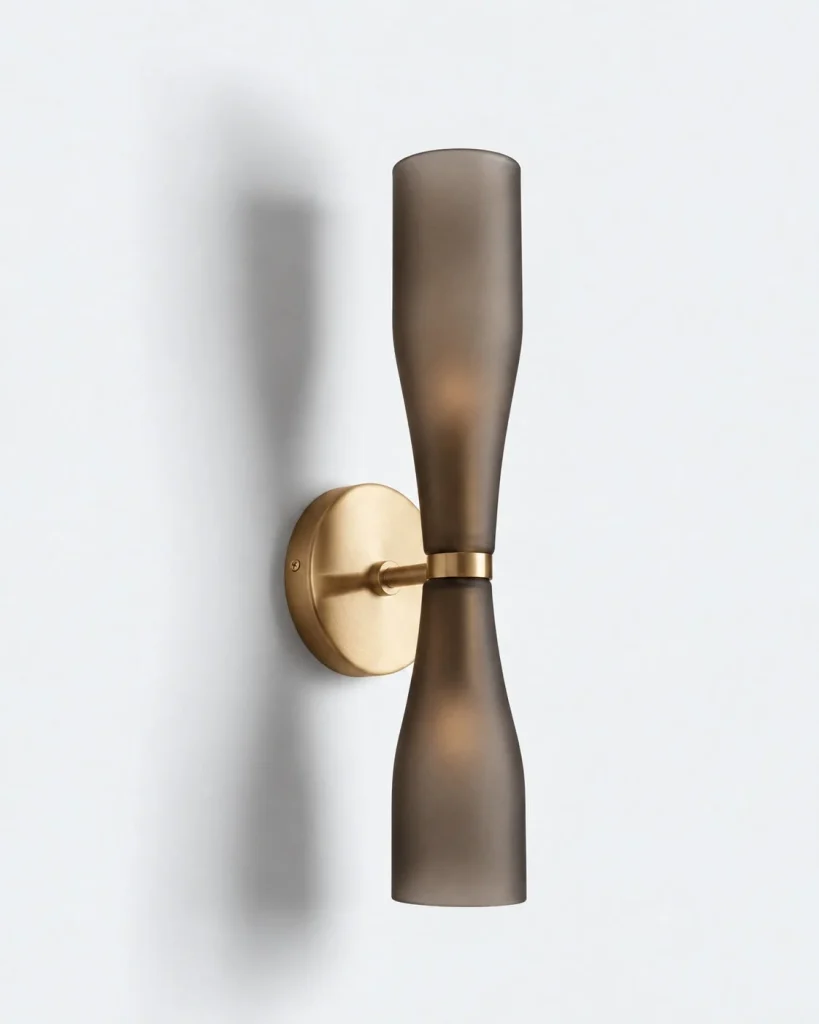 Wandlampe JARO, Glas in Sanduhrform mit Messingdetail – Rauchglas, Produktfoto