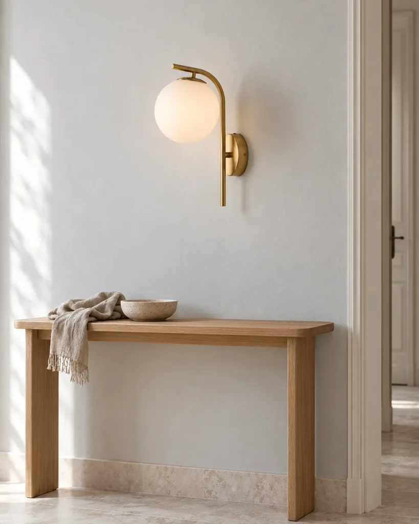 Wandlampe EREN, Glaskugel am gebogenen Arm, inkl. G9-LED – im Eingangsbereich über einer Holzkonsole, Tageslicht