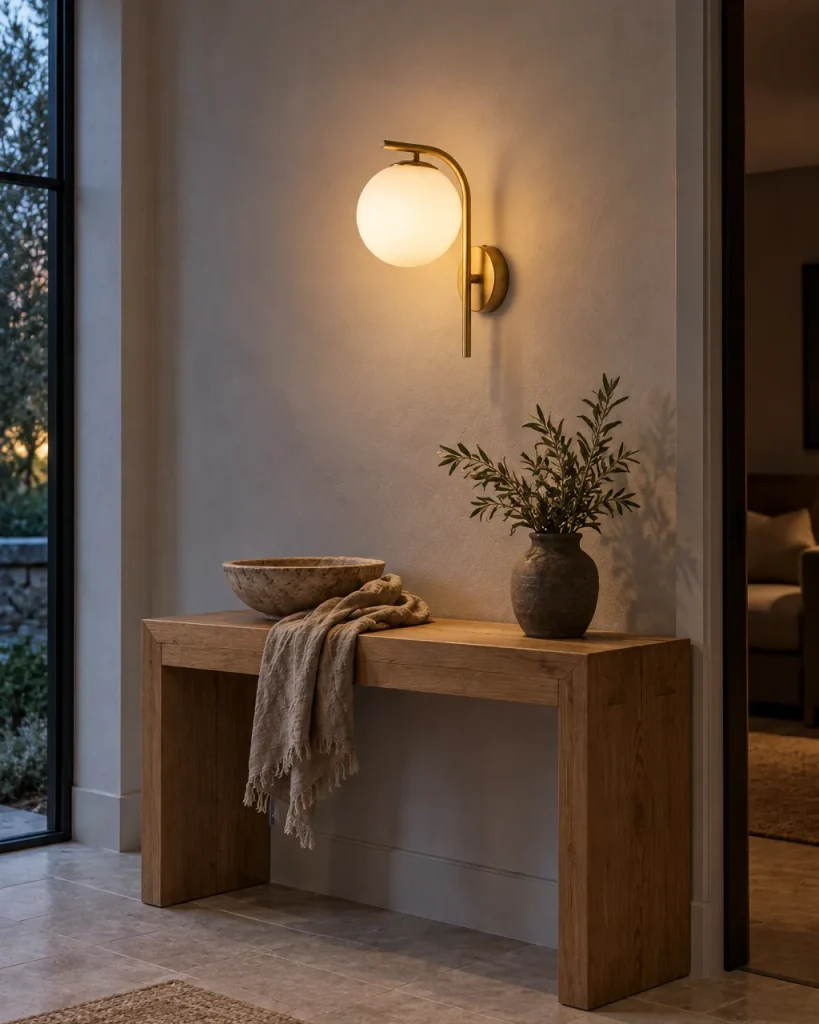 Wandlampe EREN, Glaskugel am gebogenen Arm, inkl. G9-LED – im Eingangsbereich über einer Holzkonsole, Abendlicht
