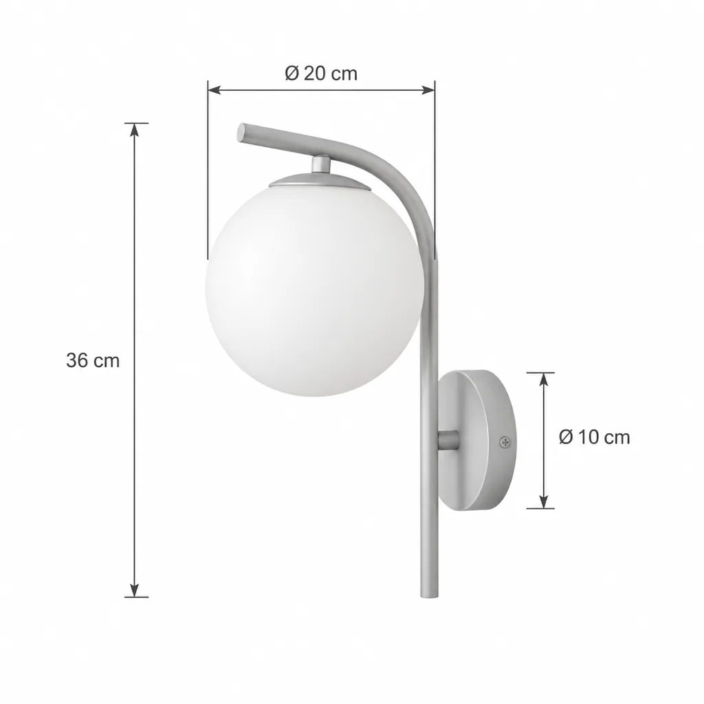 Wandlampe EREN, Glaskugel am gebogenen Arm, inkl. G9-LED – Masszeichnung 36 cm, Kugel Ø 20 cm
