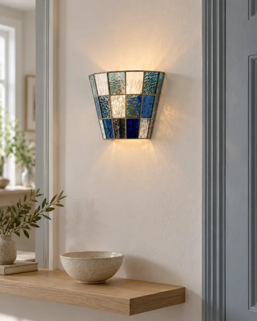 Wandlampe KIAN, Wandleuchte aus Glasmosaik mit Chromfassung – im Eingangsbereich über einer Holzablage, Tageslicht
