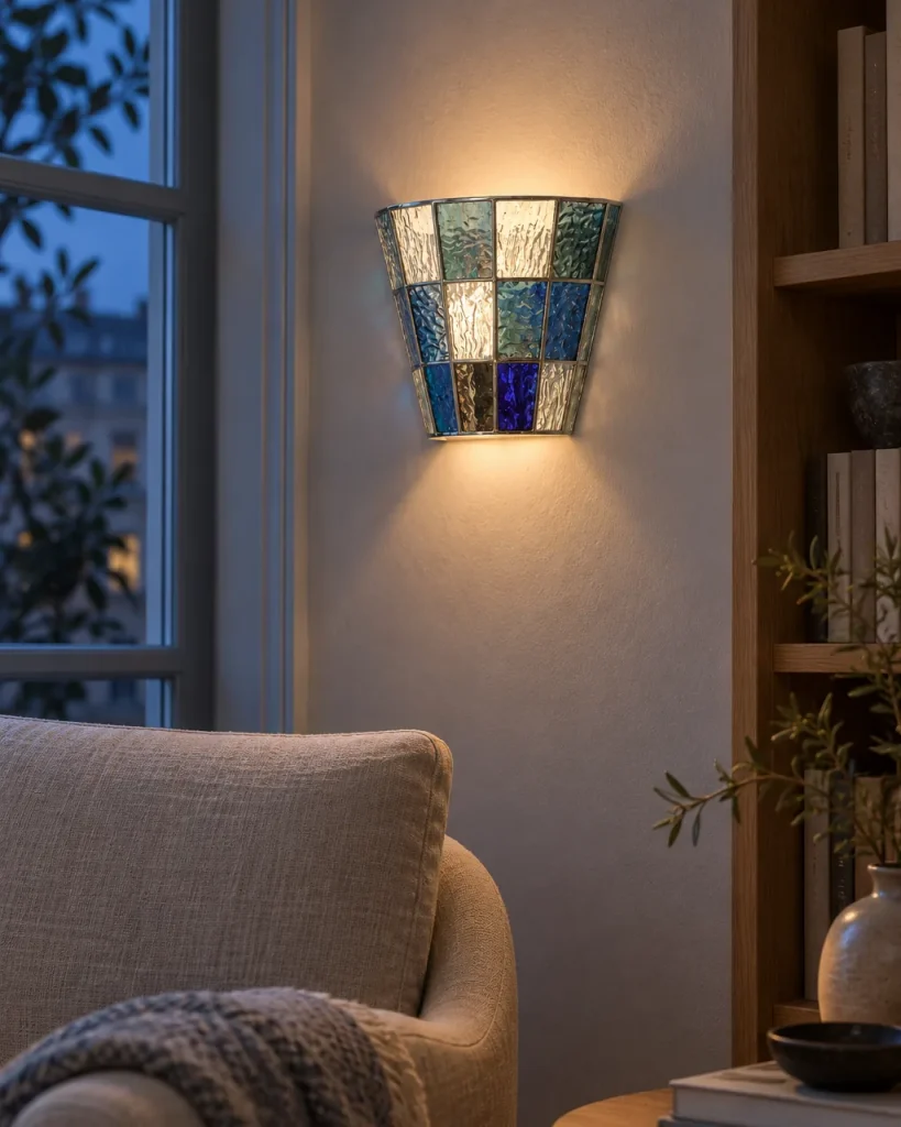 Wandlampe KIAN, Wandleuchte aus Glasmosaik mit Chromfassung – im Wohnzimmer in der Leseecke, Abendlicht