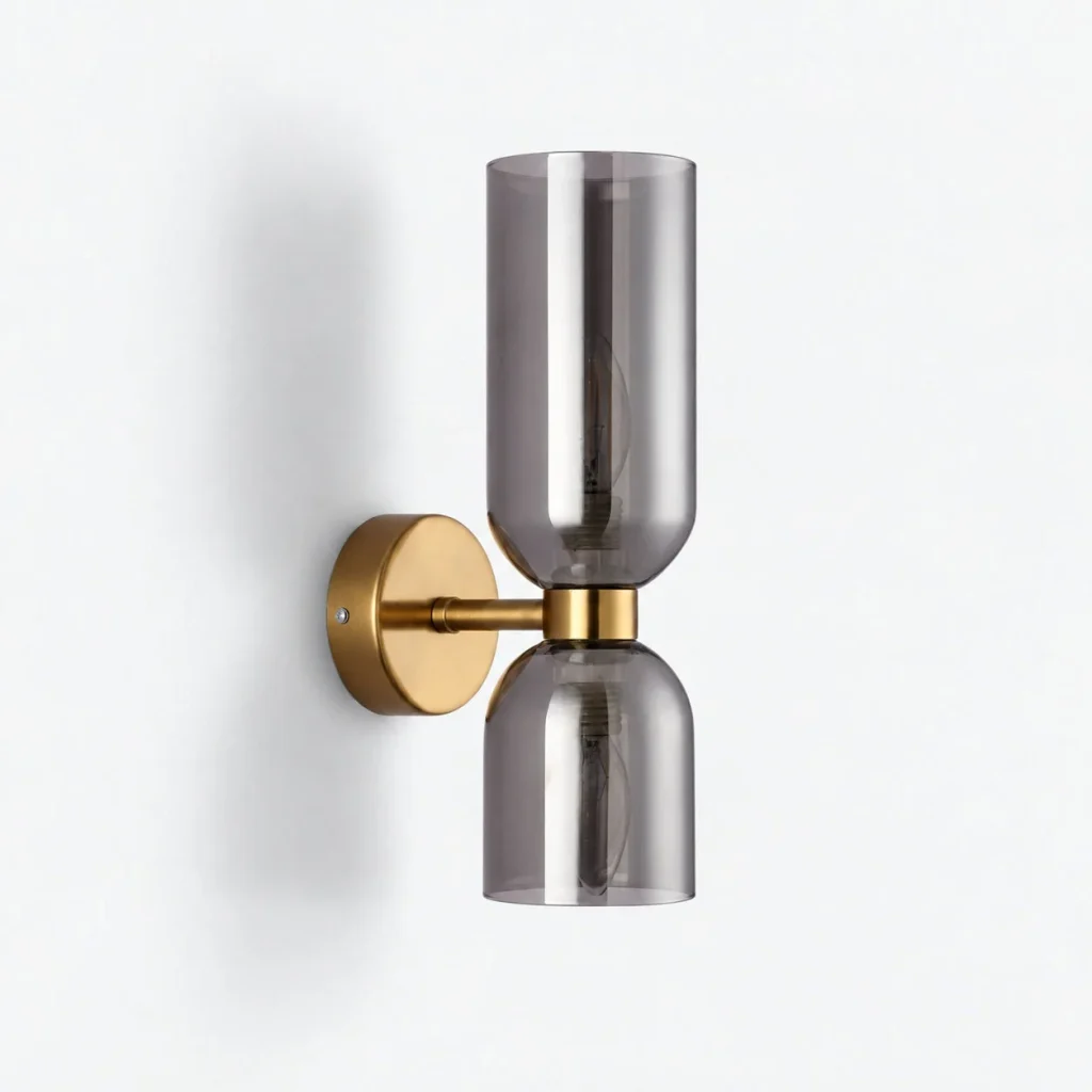 Wandlampe LODYA, Glaszylinder und Kuppel mit Metallhalter – Goldfarben / Rauchgrau, Produktfoto